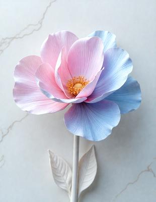 The primary subject of the image is a beautifully crafted, three-dimensional flower made of paper. The flower is blue and pink, and it is placed on a white surface, possibly a marble table. The visual style of the image is a combination of photo and digital art, creating a realistic and artistic representation of the flower. The colors and mood of the image are vibrant and cheerful, with the blue and pink hues evoking a sense of freshness and natural beauty.